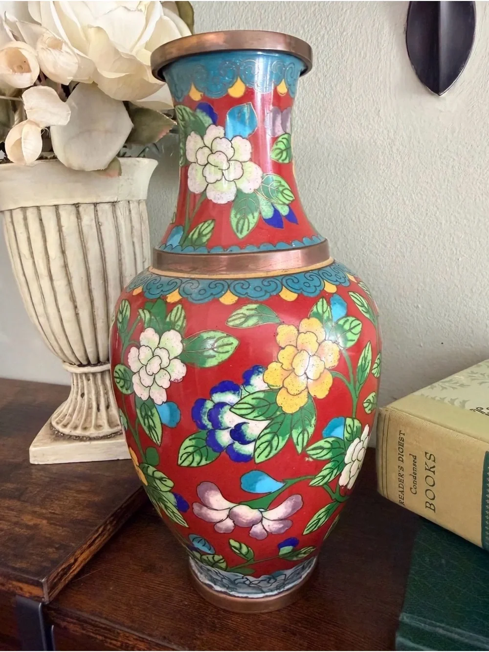 Red Floral Cloisonné Accent Vase - Decorative Home Accent